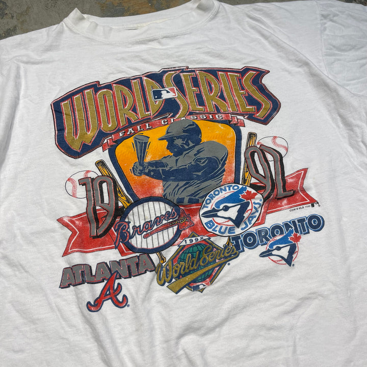古着 92's USa製 MLB USAVINTAGE / World series / アトランタ・ブルーブス vs トロント・ブルージェイズ / 1992年 / ヴィンテージ シングルステッチ プリントTシャツ/サイズXL相当