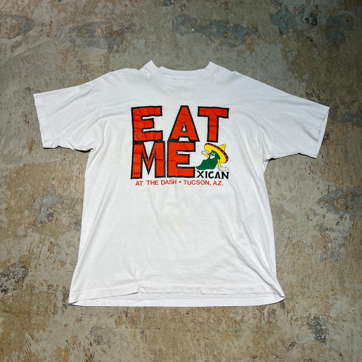 古着 USA製 90's フルーツオブザルーム/EAT MEXICAN/ツーソン アリゾナ州/ヴィンテージ シングルステッチ プリントTシャツ/サイズXL