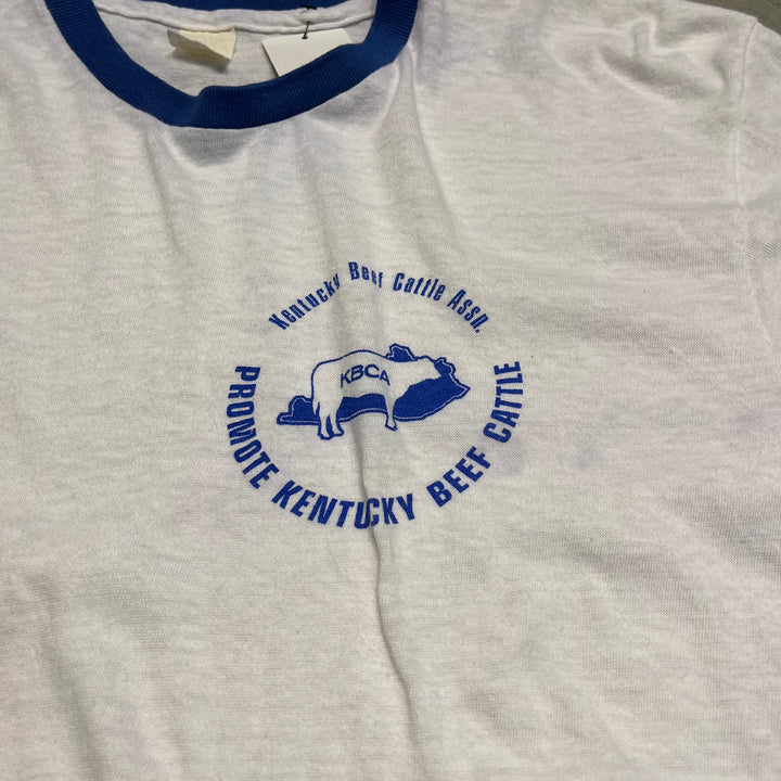 #4786 미국 80 년대에서 만든 중고 의류 ~ 종이 태그/빈티지 인쇄 링거 티셔츠/크기 m l 동등한