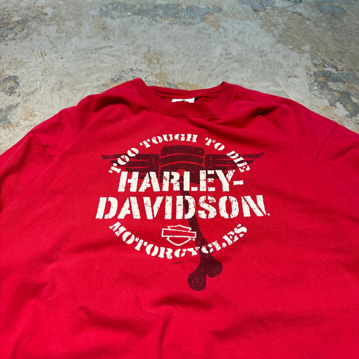 古着 USA製 Harley-Davidson/ハーレーダビッドソン/ プリントTシャツ / Too Tough to Die/ オートバイ ベイブ ココモ インディアナ /サイズXL