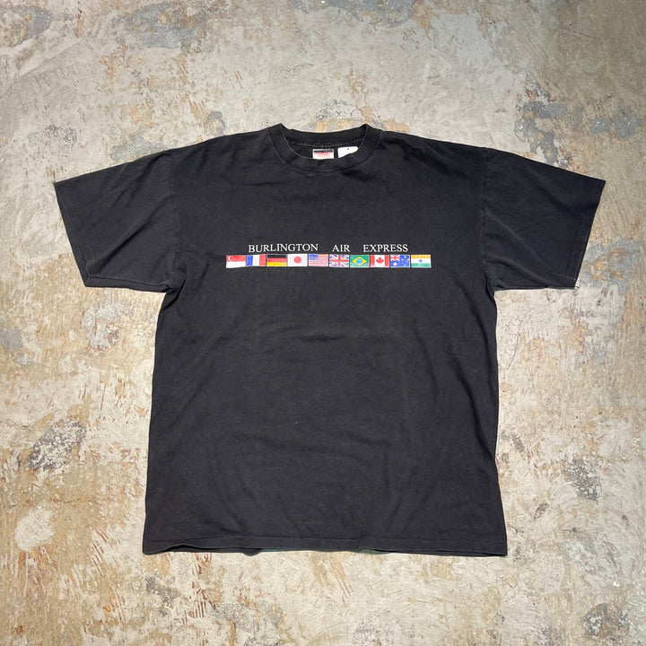 중고 의류 90 년대 USA Making Oneita / National Flag / Burlington Air Express 비행기 / 빈티지 단일 스티치 인쇄 티셔츠 / 크기 XL