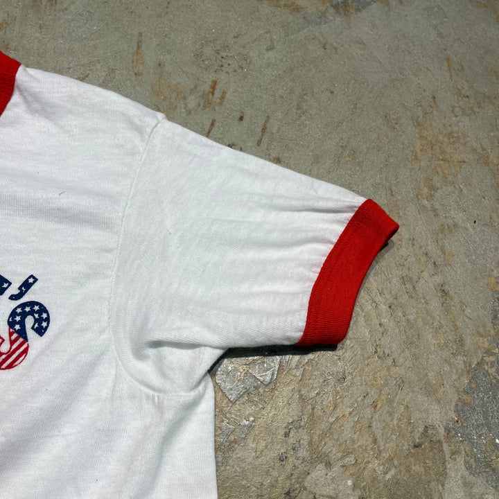 #4787 미국 80 년대에서 만든 중고 의류 ~ 종이 태그/빈티지 인쇄 링거 티셔츠/크기 m