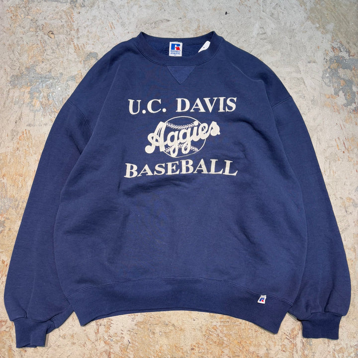 미국 80 년대에서 만든 중고 의류 ~ Russell Athletic/Russell Athletic/College Logo/University of California, Davis/Aggies 야구/승무원 목 셔츠/사이즈 XL