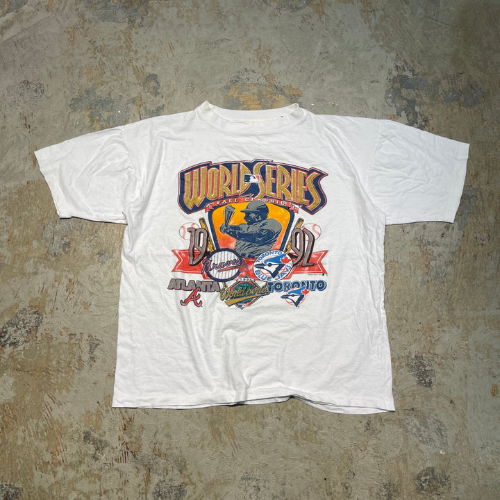 古着 92's USa製 MLB USAVINTAGE / World series / アトランタ・ブルーブス vs トロント・ブルージェイズ / 1992年 / ヴィンテージ シングルステッチ プリントTシャツ/サイズXL相当