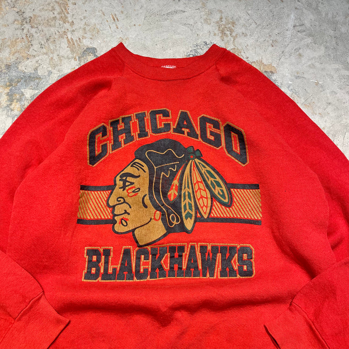 #4146 古着 90's FRUIT OF THE LOOM/フルーツオブザルーム/Crew Neck Sweat Shirts/クルーネックスウェット/ラグランスリーブ/MADE IN USA/CHICAGO BLACKHAWKS/サイズL