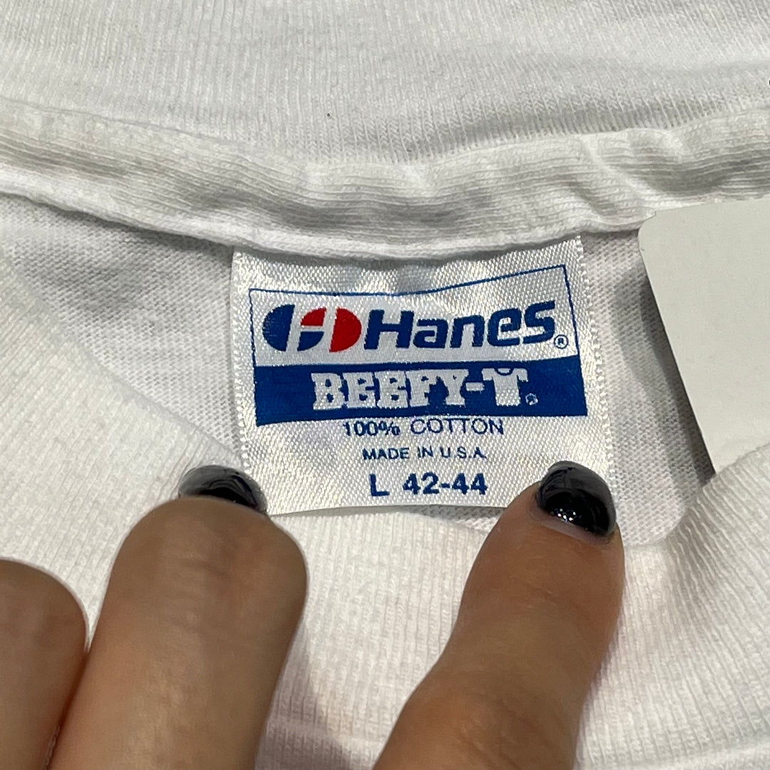 #4638 Used clothing HANES/Hanes/short sleeve print t-shirt Tee/short sleeve print T-shirt/single stitch/made in USA/OUAKE/size L