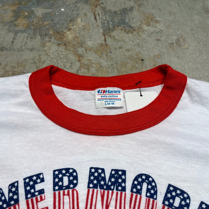 #4787 미국 80 년대에서 만든 중고 의류 ~ 종이 태그/빈티지 인쇄 링거 티셔츠/크기 m