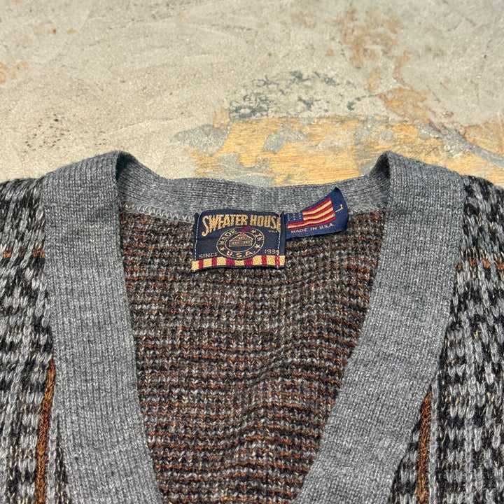 Used clothing Made in USA SWEATER HOUSE/V-neck knit cardigan/All-over pattern/Size L