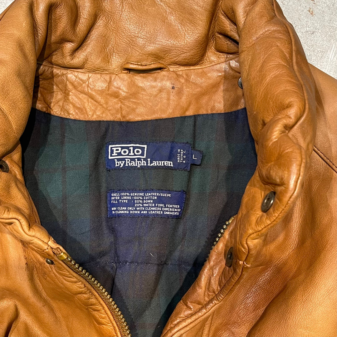 Used clothing 90's~ POLO by Ralph Lauren/ Polo Ralph Lauren/ Genuine leather down coat/ Lining check/ Size L