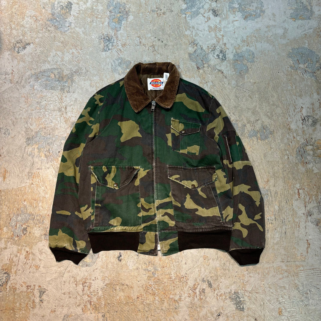 미국 80 년대 Dickies/ Dickies/ Dickies/ All-Over-Pattern Flight Jacket/ Corduroy Collar/ Quilted Lining/ Woodland Camouflage/ Size L.