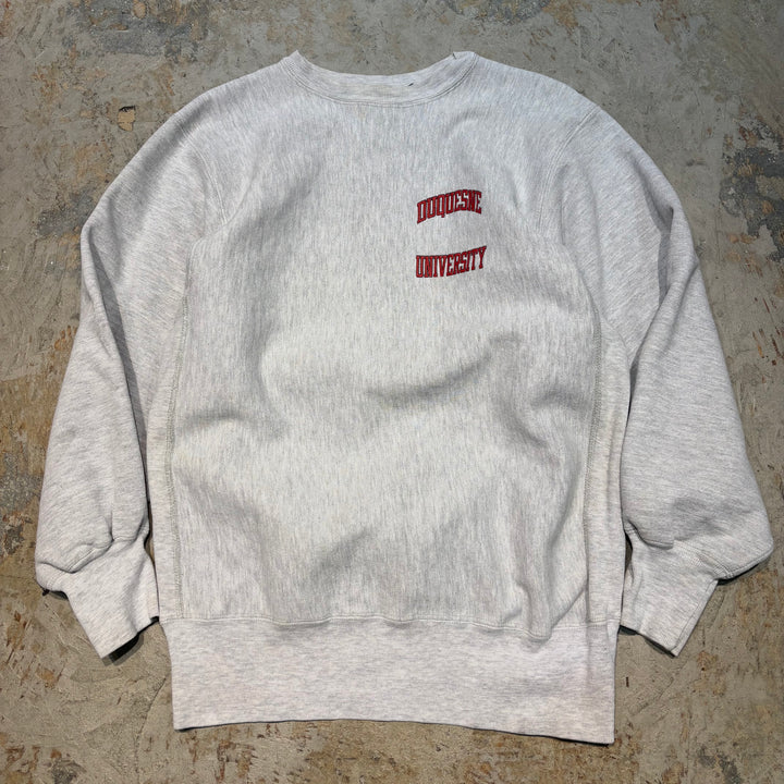 미국 90 년대 챔피언/챔피언/리버스 직조/승무원 넥 스웨트 셔츠/Duquesne University/자수 태그/대학 인쇄/크기 XL에서 만든 중고 의류