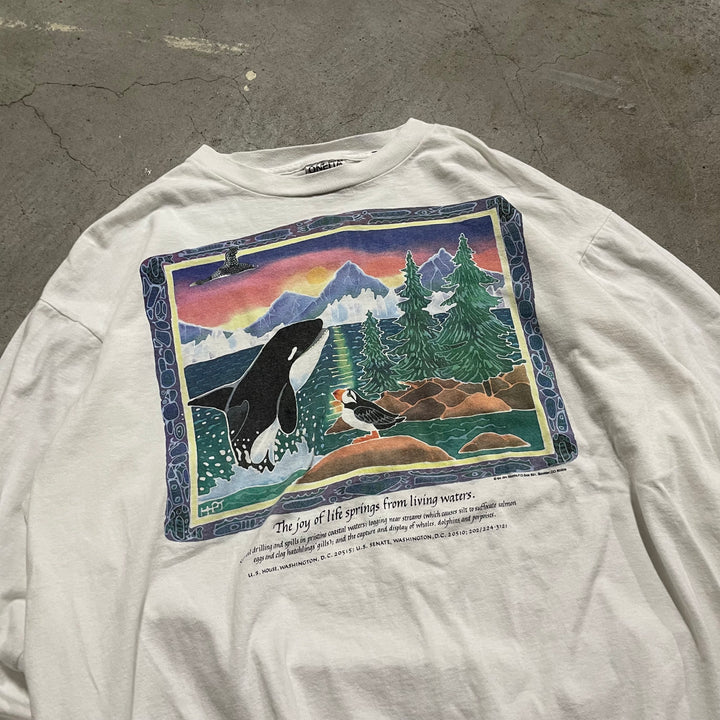 古着 ONEITA/オニータ /人生の喜びは生きた水から湧き出ます ジム・モーモス 私書箱831 シングルステッチ 長袖Tシャツ サイズXL