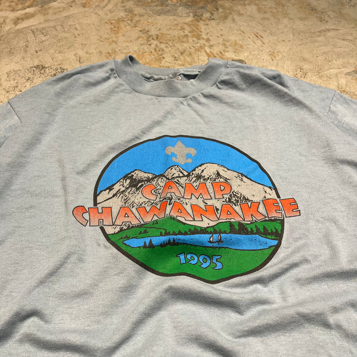 古着 USA製 90's~ ヘインズ/CAMP CHAWANAKEE/キャンプ・チャワナキー 1995/児童キャンプ/シェイバーレイク/企業系/ヴィンテージ シングルステッチ Tシャツ/サイズXL相当