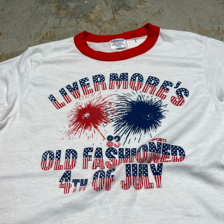 #4787 미국 80 년대에서 만든 중고 의류 ~ 종이 태그/빈티지 인쇄 링거 티셔츠/크기 m