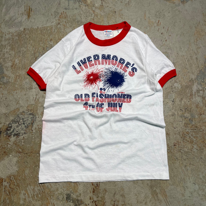 #4787 미국 80 년대에서 만든 중고 의류 ~ 종이 태그/빈티지 인쇄 링거 티셔츠/크기 m