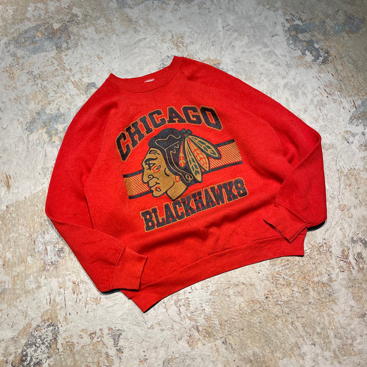 #4146 古着 90's FRUIT OF THE LOOM/フルーツオブザルーム/Crew Neck Sweat Shirts/クルーネックスウェット/ラグランスリーブ/MADE IN USA/CHICAGO BLACKHAWKS/サイズL