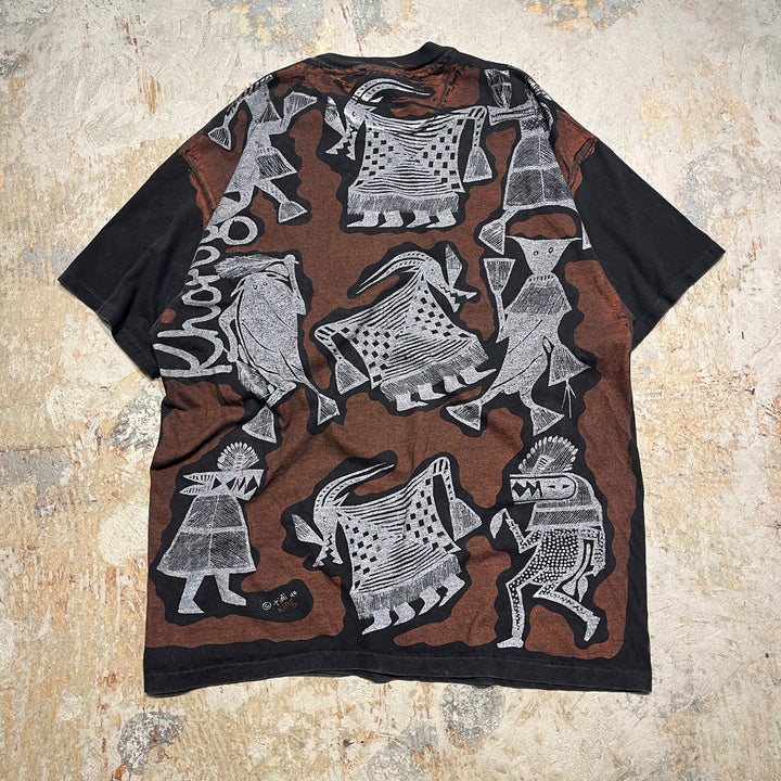 古着 90's ヘインズ/USA製 アフリカ/セヌフォ布 柄/アート系/ヴィンテージ シングルステッチ プリントTシャツ/サイズXL