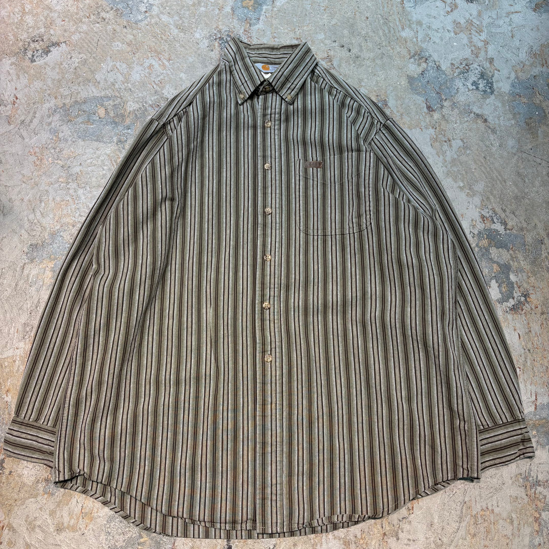 미국에서 만든 중고 의류 Carhartt/Carhartt/Button-Down 긴 소매 셔츠/스트라이프 패턴/크기 L
