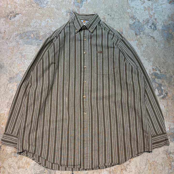 미국에서 만든 중고 의류 Carhartt/Carhartt/Button-Down 긴 소매 셔츠/스트라이프 패턴/크기 L