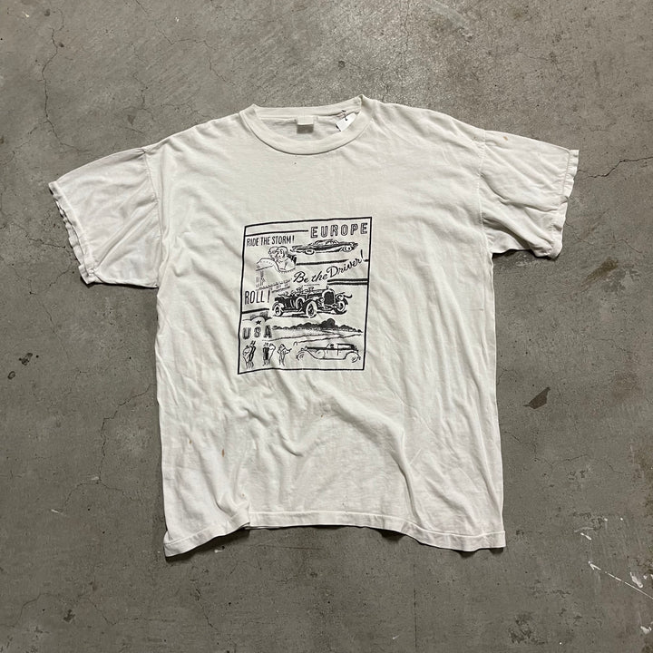 古着 ヨーロッパ/嵐に乗ろう! ドライバーになろう!/ヴィンテージ シングルステッチ プリントTシャツ/サイズL-XL相当