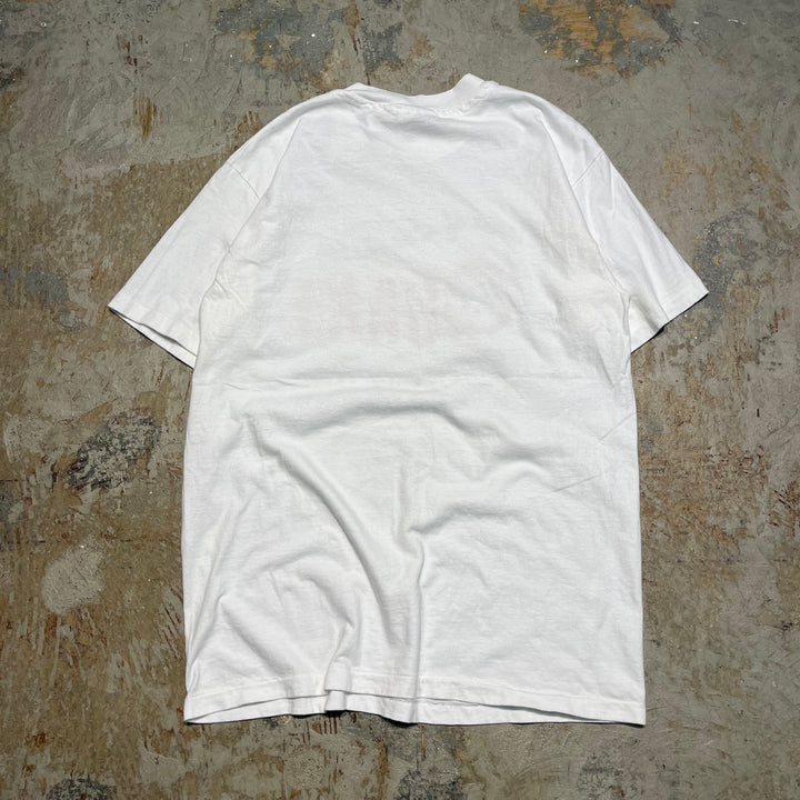 #4638 古着 HANES/ヘインズ/short sleeve print t-shirt Tee/半袖プリントTシャツ/シングルステッチ/USA製/OUAKE/サイズL