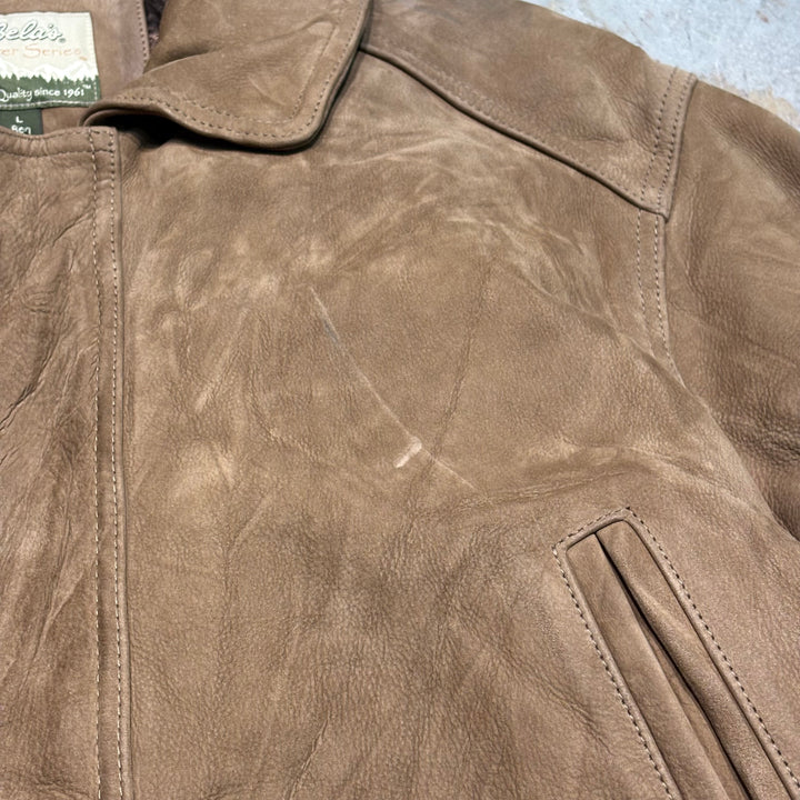 Used clothing 90's cabelas/Cabelas/ Genuine leather zip-up leather jacket/Half coat/Quilted lining/Cowhide/Size L
