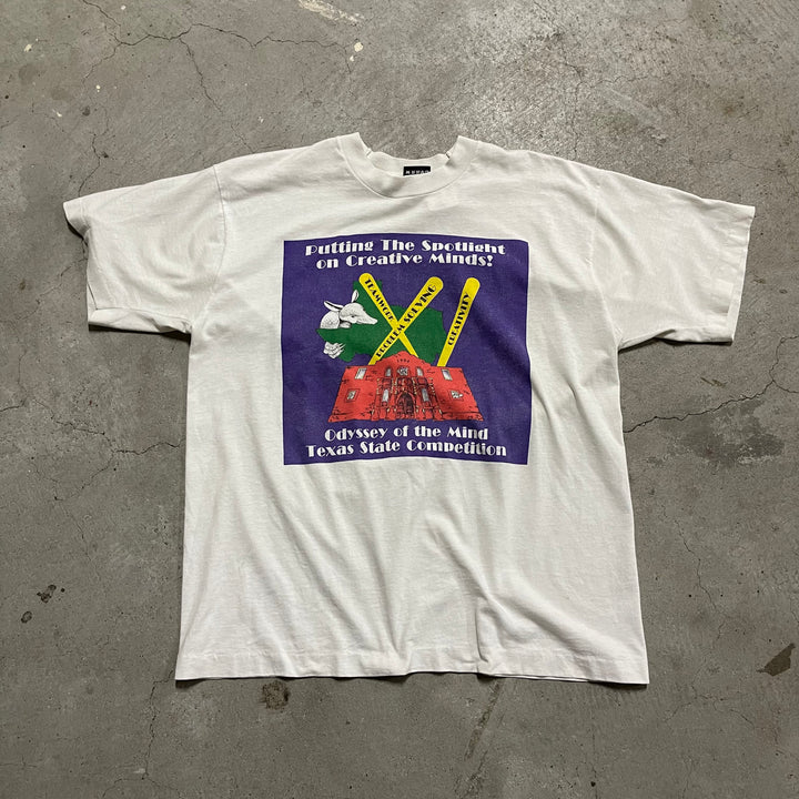 古着 USA製 90's ベスト/フルーツオブザルーム/オデッセイ・オブ・ザ・マインド テキサス州大会/ヴィンテージ シングルステッチ プリントTシャツ/サイズL