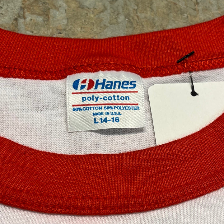 #4787 미국 80 년대에서 만든 중고 의류 ~ 종이 태그/빈티지 인쇄 링거 티셔츠/크기 m