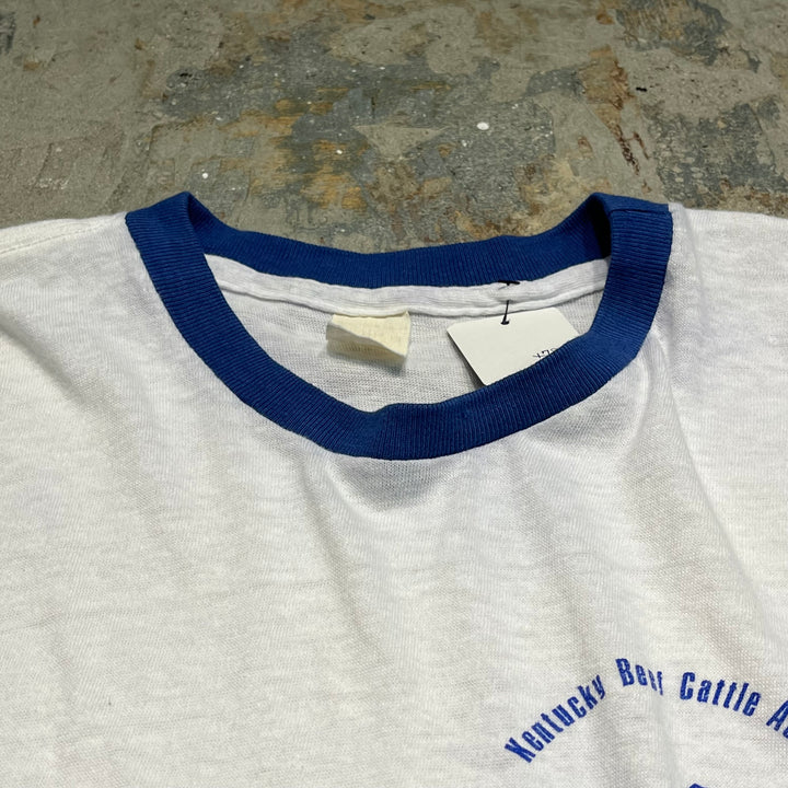 #4786 미국 80 년대에서 만든 중고 의류 ~ 종이 태그/빈티지 인쇄 링거 티셔츠/크기 m l 동등한