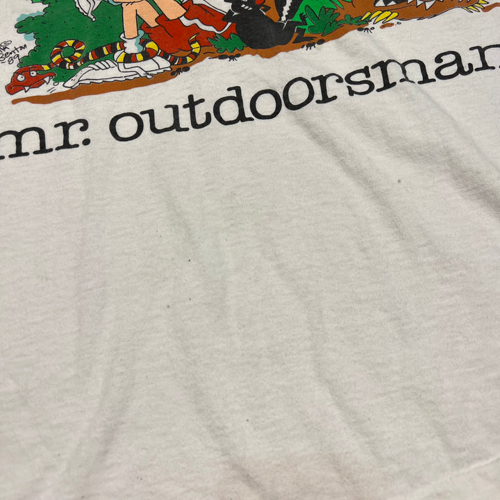 古着 89's JIM BENTON/ジム・ベントン/MR.OUTDOORMAN/イラスト/ヴィンテージ シングルステッチ プリントTシャツ/サイズL相当