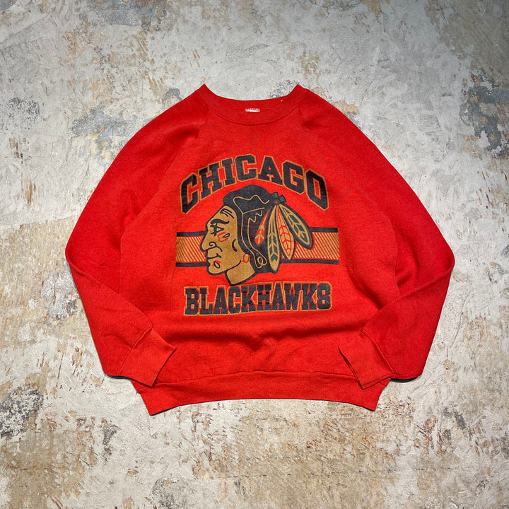 #4146 古着 90's FRUIT OF THE LOOM/フルーツオブザルーム/Crew Neck Sweat Shirts/クルーネックスウェット/ラグランスリーブ/MADE IN USA/CHICAGO BLACKHAWKS/サイズL