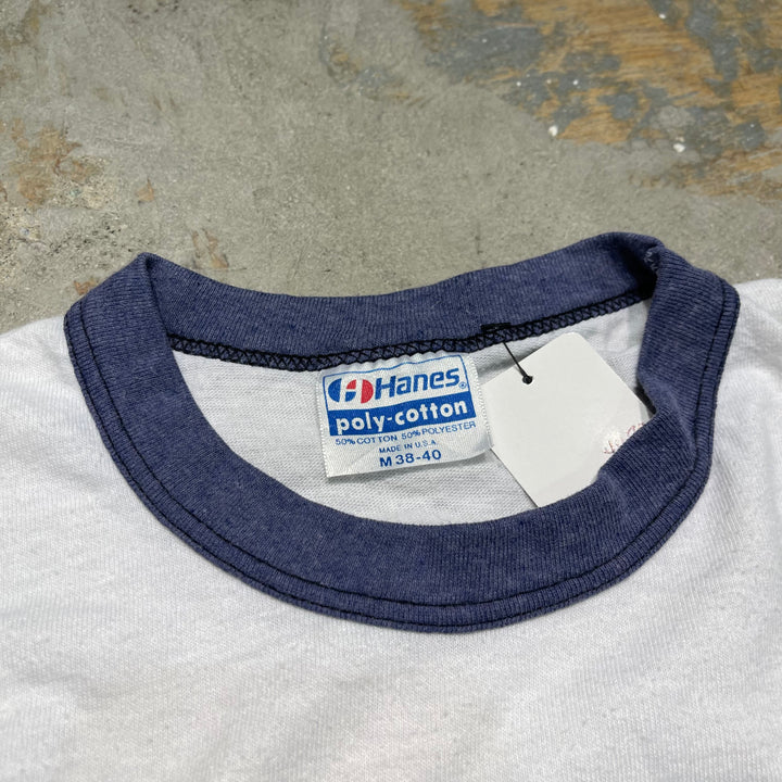 #4479 중고 의류 80 년대 ~ Hanes/Short Sleeve Ringer 티셔츠 티/짧은 슬리브 링거 티셔츠/미국/회사/크기 m.