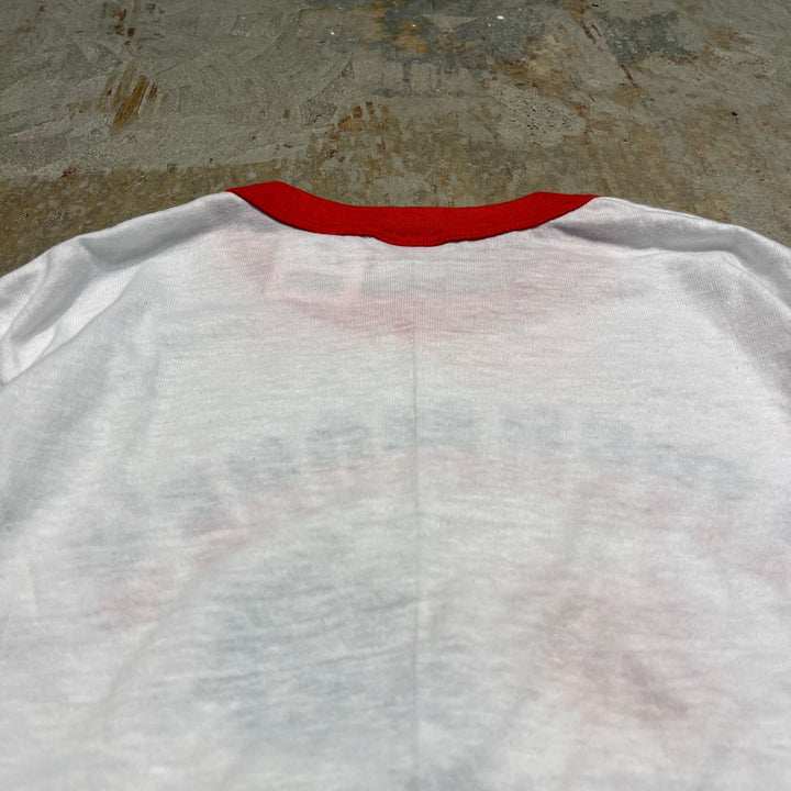 #4787 미국 80 년대에서 만든 중고 의류 ~ 종이 태그/빈티지 인쇄 링거 티셔츠/크기 m