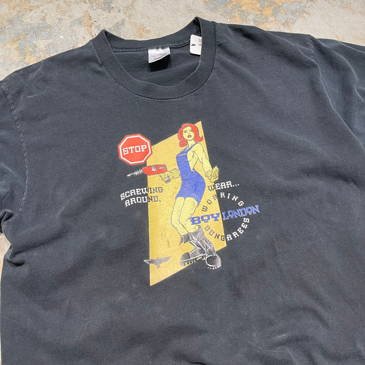 古着 90's フルーツオブザルーム/STOP/ヴィンテージ シングルステッチ プリントTシャツ/サイズL