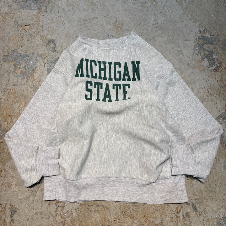 미국 80 년대 챔피언/챔피언/리버스 직조/승무원 넥 스웨트 셔츠/워밍업/트리코 태그/미시간 주립 대학/대학 인쇄/크기 L에서 만든 중고 의류