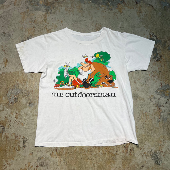 古着 89's JIM BENTON/ジム・ベントン/MR.OUTDOORMAN/イラスト/ヴィンテージ シングルステッチ プリントTシャツ/サイズL相当