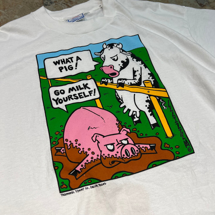 古着 USA製 なんで豚なんだ! 自分で搾乳しに行きましょう!/ヴィンテージ シングルステッチ プリントTシャツ/サイズXL