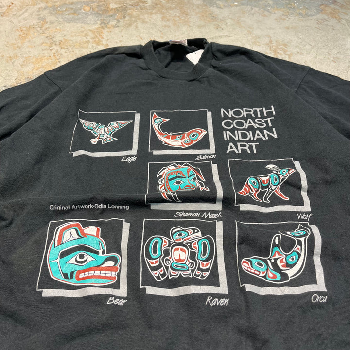 古着 USA製 90's フルーツオブザルーム/NORTH COAST INDIAN ART/企業系/ヴィンテージ シングルステッチ Tシャツ/サイズXL相当