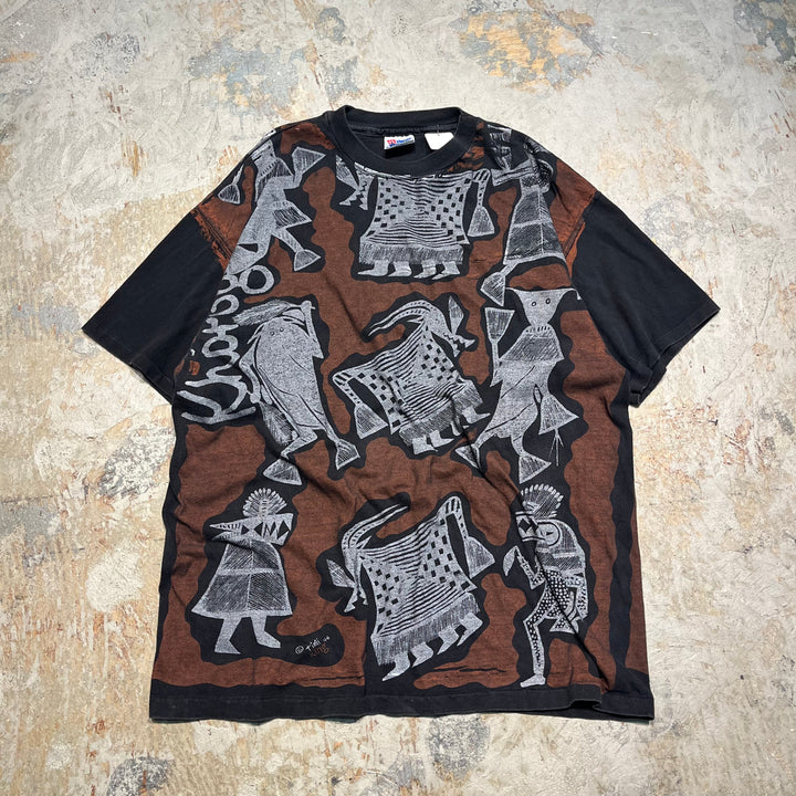 古着 90's ヘインズ/USA製 アフリカ/セヌフォ布 柄/アート系/ヴィンテージ シングルステッチ プリントTシャツ/サイズXL