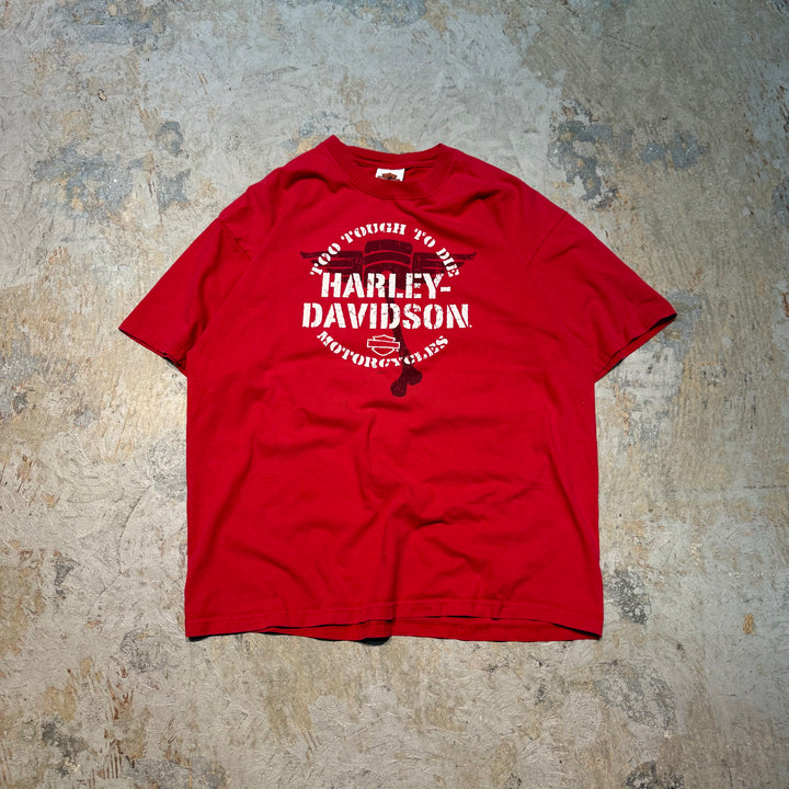 古着 USA製 Harley-Davidson/ハーレーダビッドソン/ プリントTシャツ / Too Tough to Die/ オートバイ ベイブ ココモ インディアナ /サイズXL