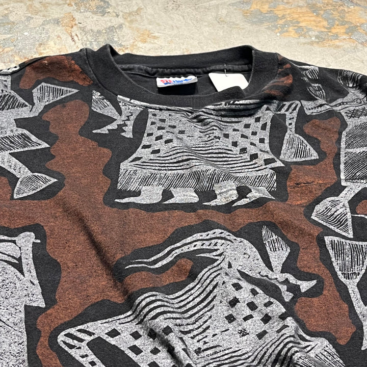 古着 90's ヘインズ/USA製 アフリカ/セヌフォ布 柄/アート系/ヴィンテージ シングルステッチ プリントTシャツ/サイズXL
