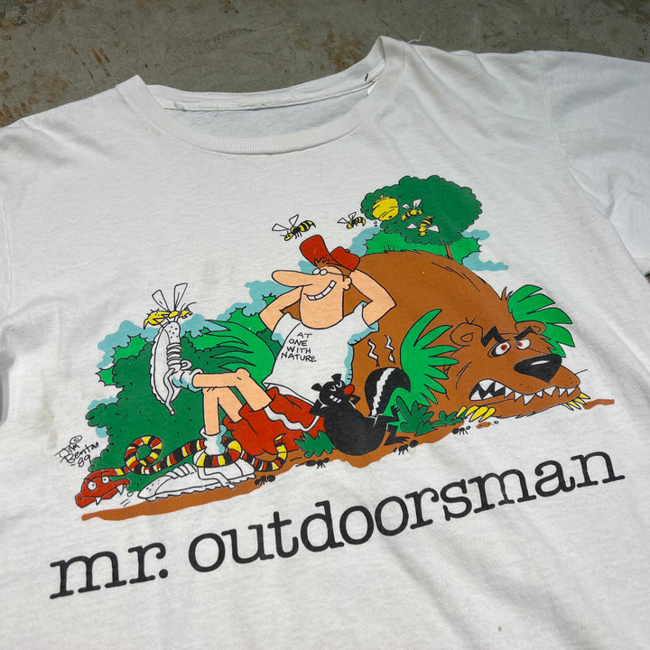 古着 89's JIM BENTON/ジム・ベントン/MR.OUTDOORMAN/イラスト/ヴィンテージ シングルステッチ プリントTシャツ/サイズL相当