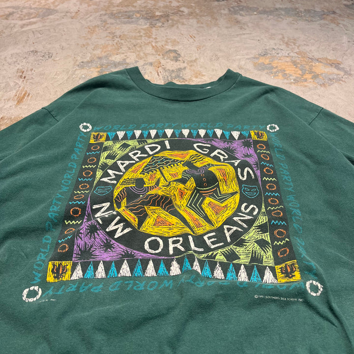 #4622 古着 91's HANES/ヘインズ/short sleeve print t-shirt Tee/半袖プリントTシャツ/シングルステッチ/MARDI GRAS NEW ORLEANS/USA製/サイズXL