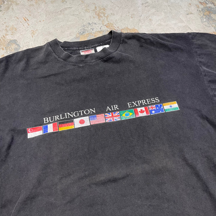 중고 의류 90 년대 USA Making Oneita / National Flag / Burlington Air Express 비행기 / 빈티지 단일 스티치 인쇄 티셔츠 / 크기 XL