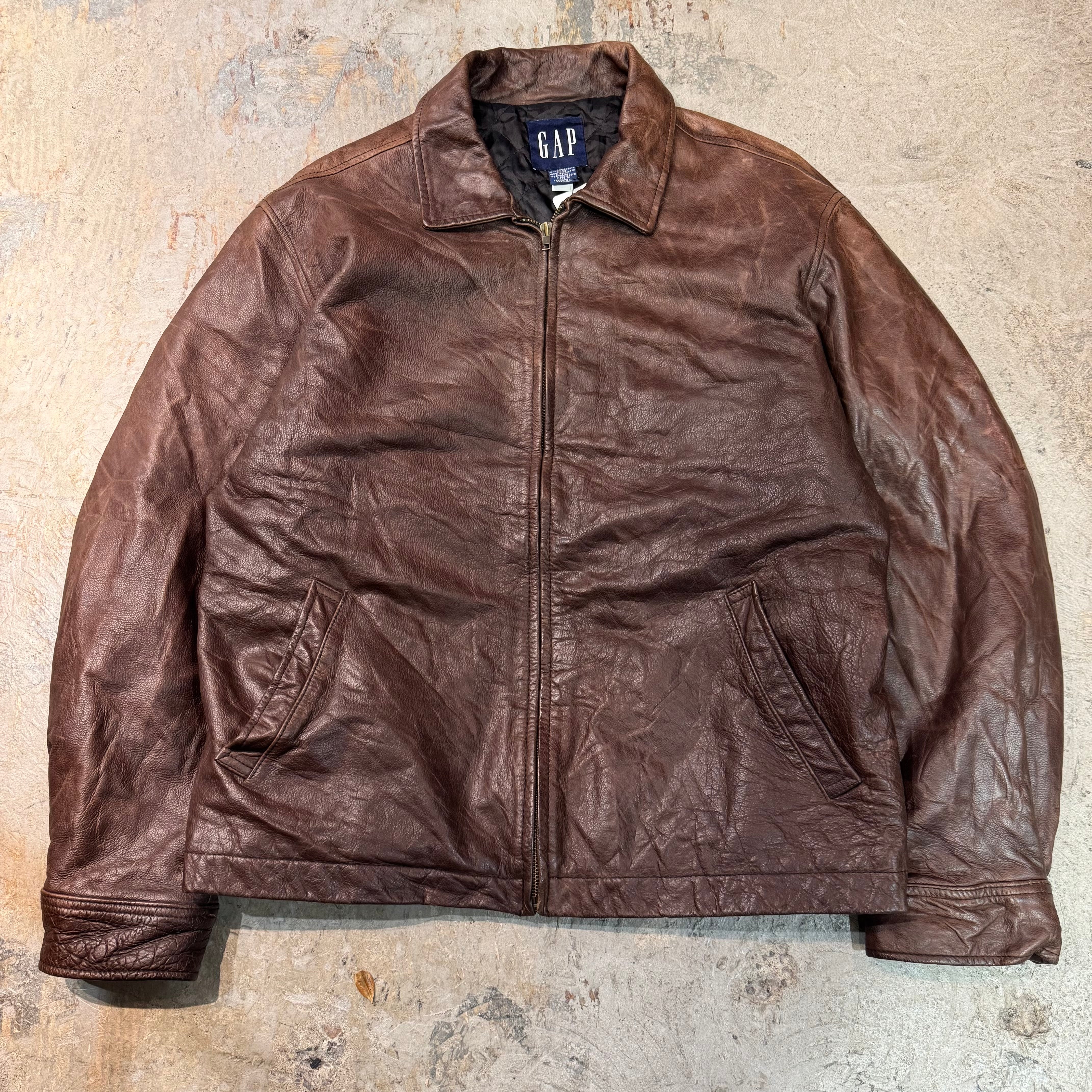 ★山羊革 Lサイズ★ GAP レザージャケット A-2 ジップアップ リブニット 古着 GAP/ ギャップ/ 本革ジップアップレザージャケット / 牛革