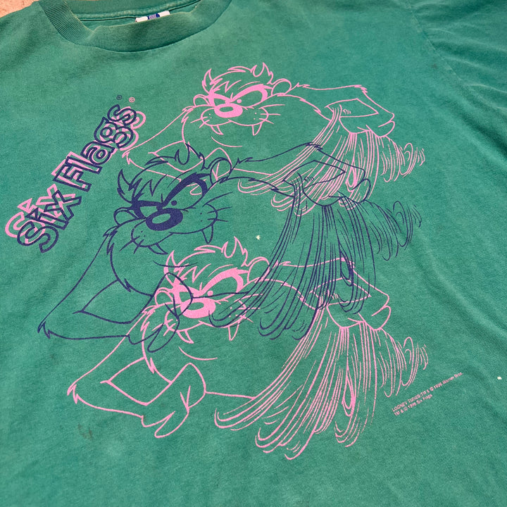 古着 USA製 96's ワーナーブラザーズ / タズマニアンデビル / SIX FLAGS / ヴィンテージ シングルステッチ プリントTシャツ/サイズXL