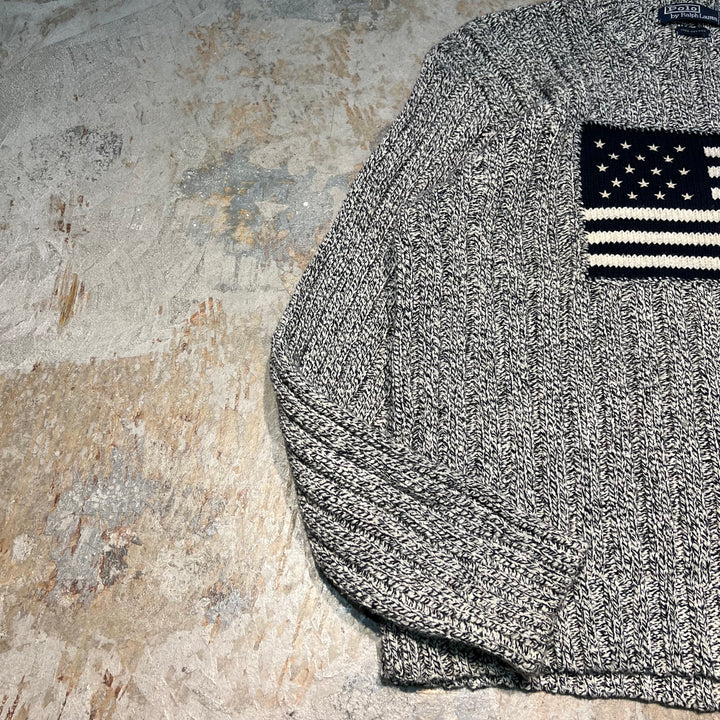 #3785 古着 POLO by Ralph Lauren/ラルフローレン/Cotton Cableknit/コットンケーブルニット/星条旗/サイズXL