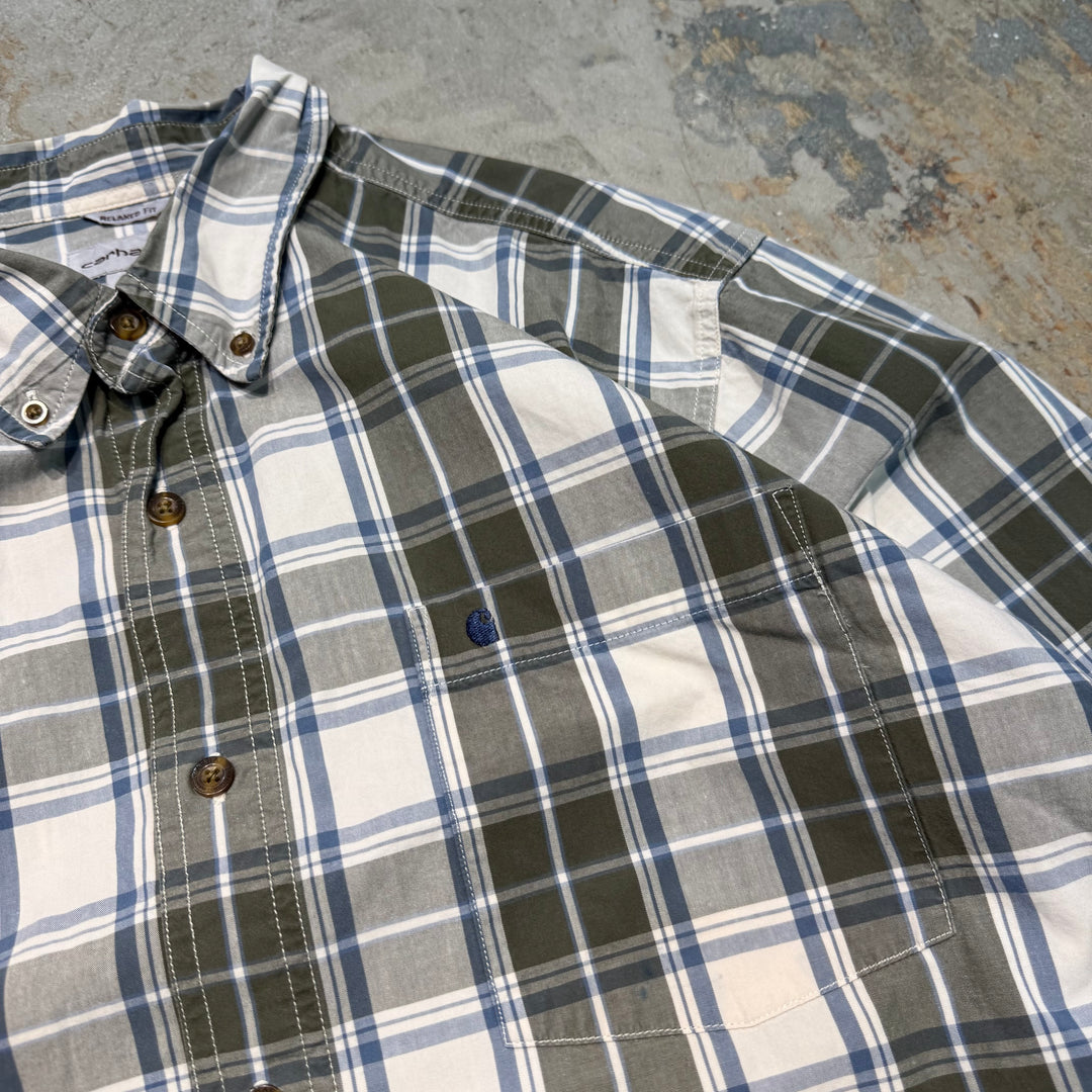 중고 의류 Carhartt/ Carhartt/ 버튼 다운 짧은 슬리브 셔츠/ 체크 무늬 패턴/ 크기 XL