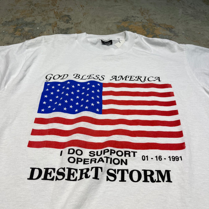 古着 USA製  90's~ スクリーンスターズ/ゴッド・ブレス・アメリカ 私は1991年1月16日砂漠の嵐作戦を支持します/ヴィンテージ シングルステッチ プリントTシャツ/サイズL
