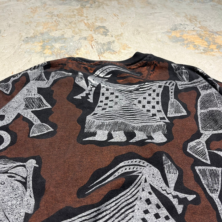 古着 90's ヘインズ/USA製 アフリカ/セヌフォ布 柄/アート系/ヴィンテージ シングルステッチ プリントTシャツ/サイズXL